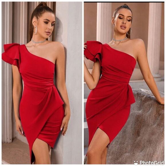 One Shoulder Ruffle Trim Pleated Drape Wedding, Cocktail, Party Sheath Dress - Picture 1 of 12